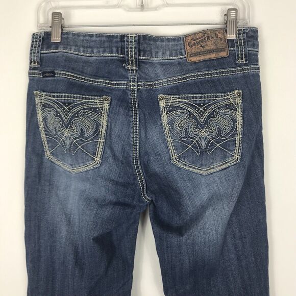 Cowgirl Up Jeans Western Bootcut Flare Blue 6 W29 Embellished Pockets Distress - Picture 7 of 10